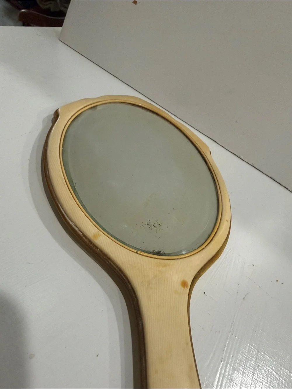 Vintage Antique Art Deco French Vanity Cream Hand Mirror with Black Accent 1920s